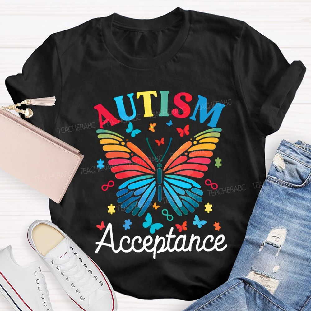 Autism Acceptance Colorful Butterfly Print Teacher T-shirt