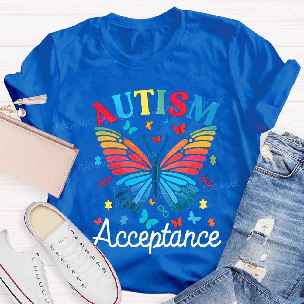 Autism Acceptance Colorful Butterfly Print Teacher T-shirt