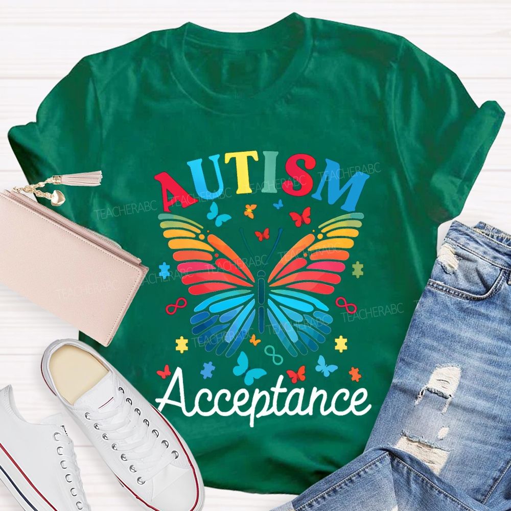 Autism Acceptance Colorful Butterfly Print Teacher T-shirt
