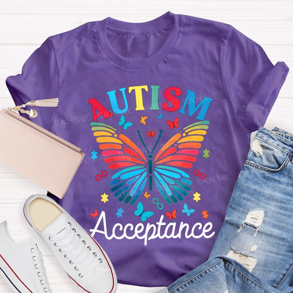 Autism Acceptance Colorful Butterfly Print Teacher T-shirt