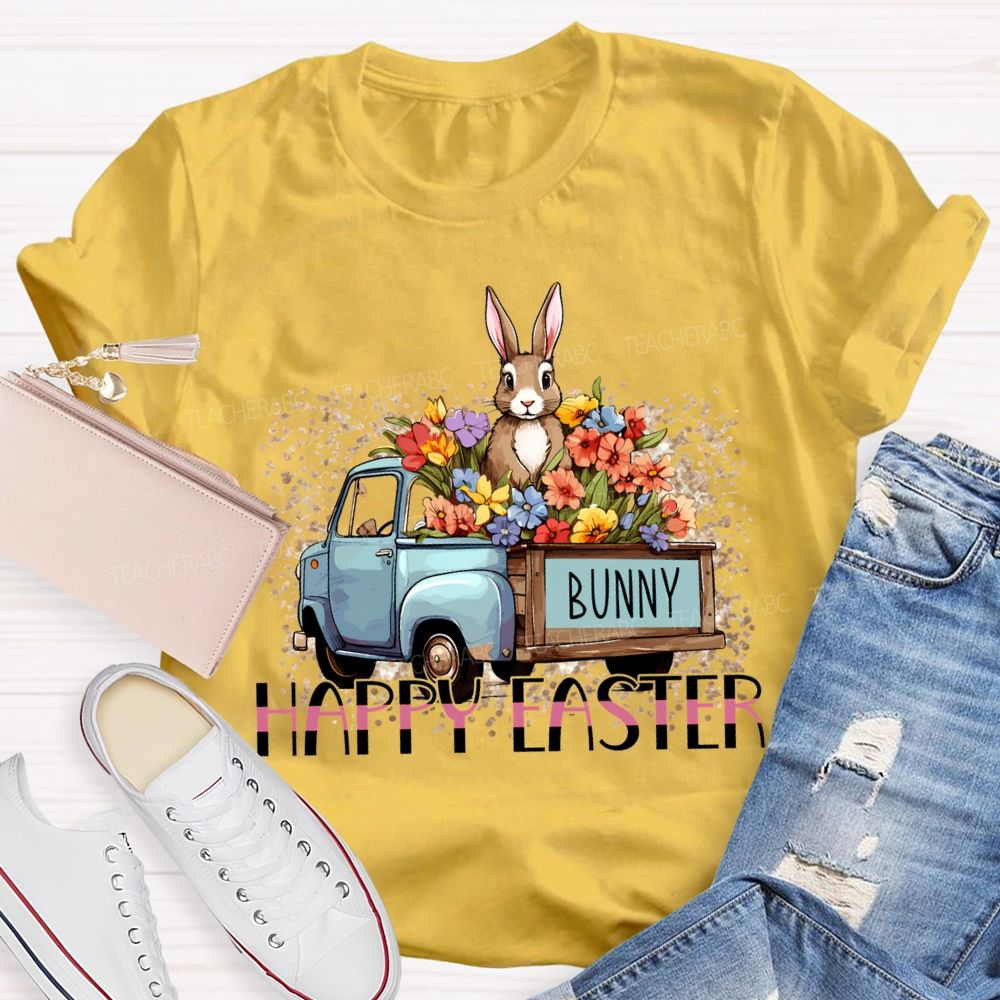 Happy Easter A Car Full Of Flowers And Bunny Teacher T-shirt