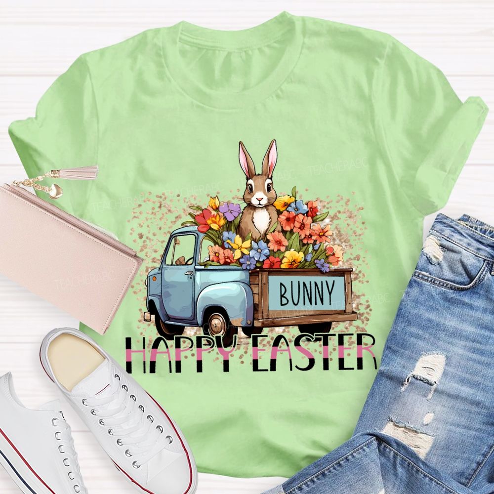 Happy Easter A Car Full Of Flowers And Bunny Teacher T-shirt