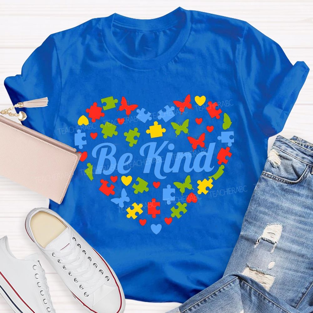 Be Kind Autism Butterfly Print Teacher T-shirt