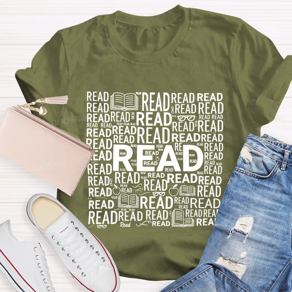 Read In Various Fonts And Apples Print Teacher T-shirt