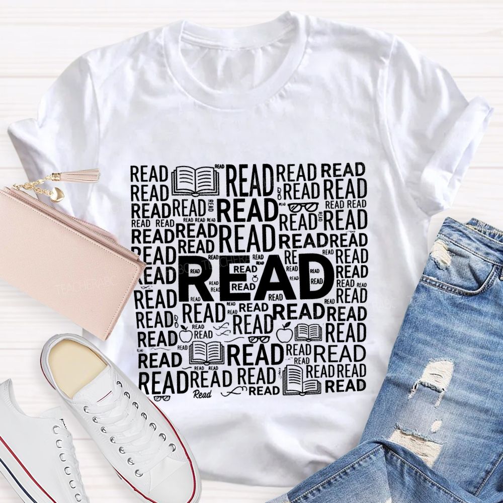 Read In Various Fonts And Apples Print Teacher T-shirt