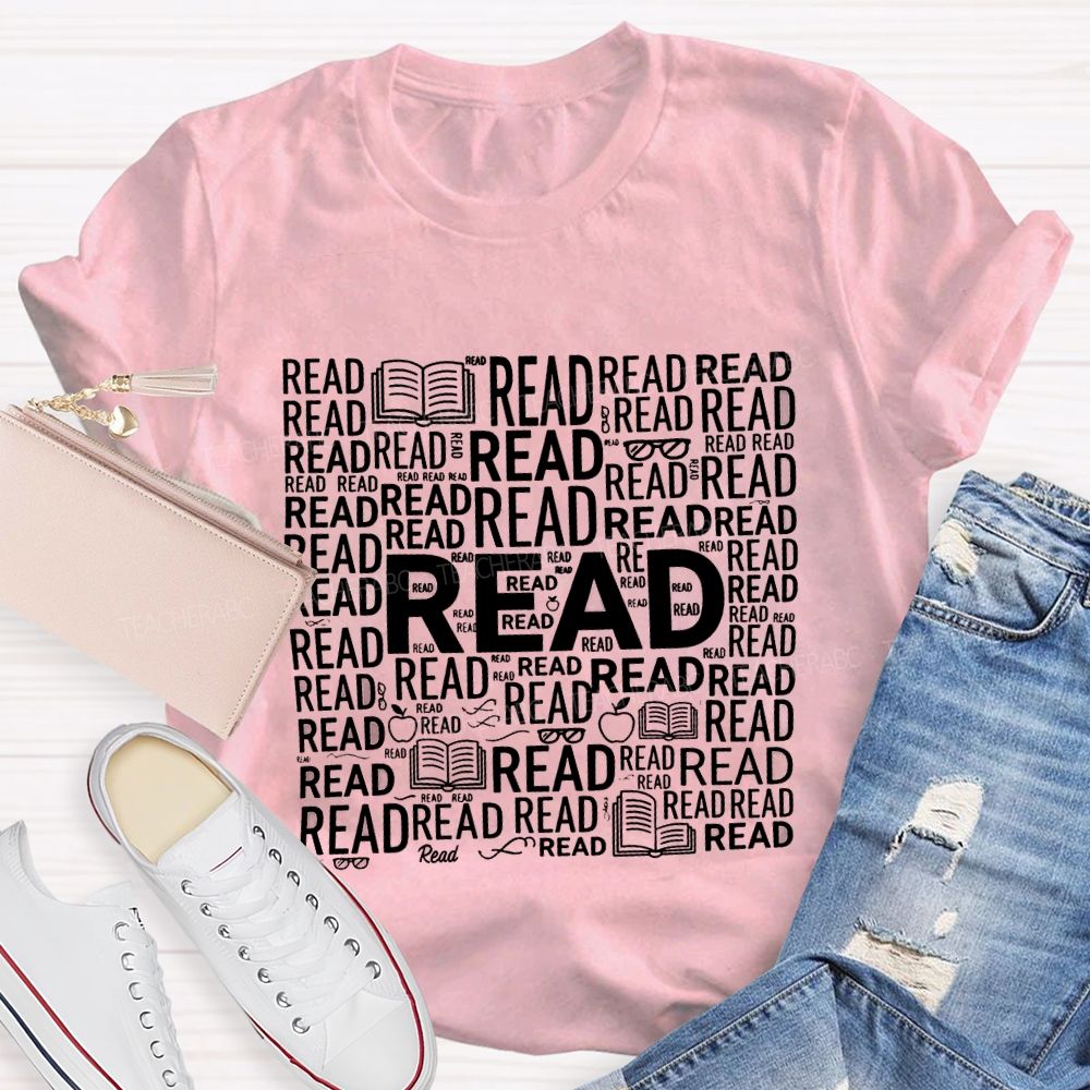 Read In Various Fonts And Apples Print Teacher T-shirt