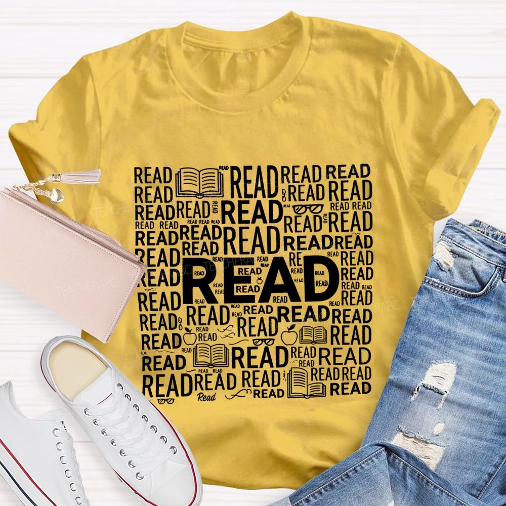 Read In Various Fonts And Apples Print Teacher T-shirt