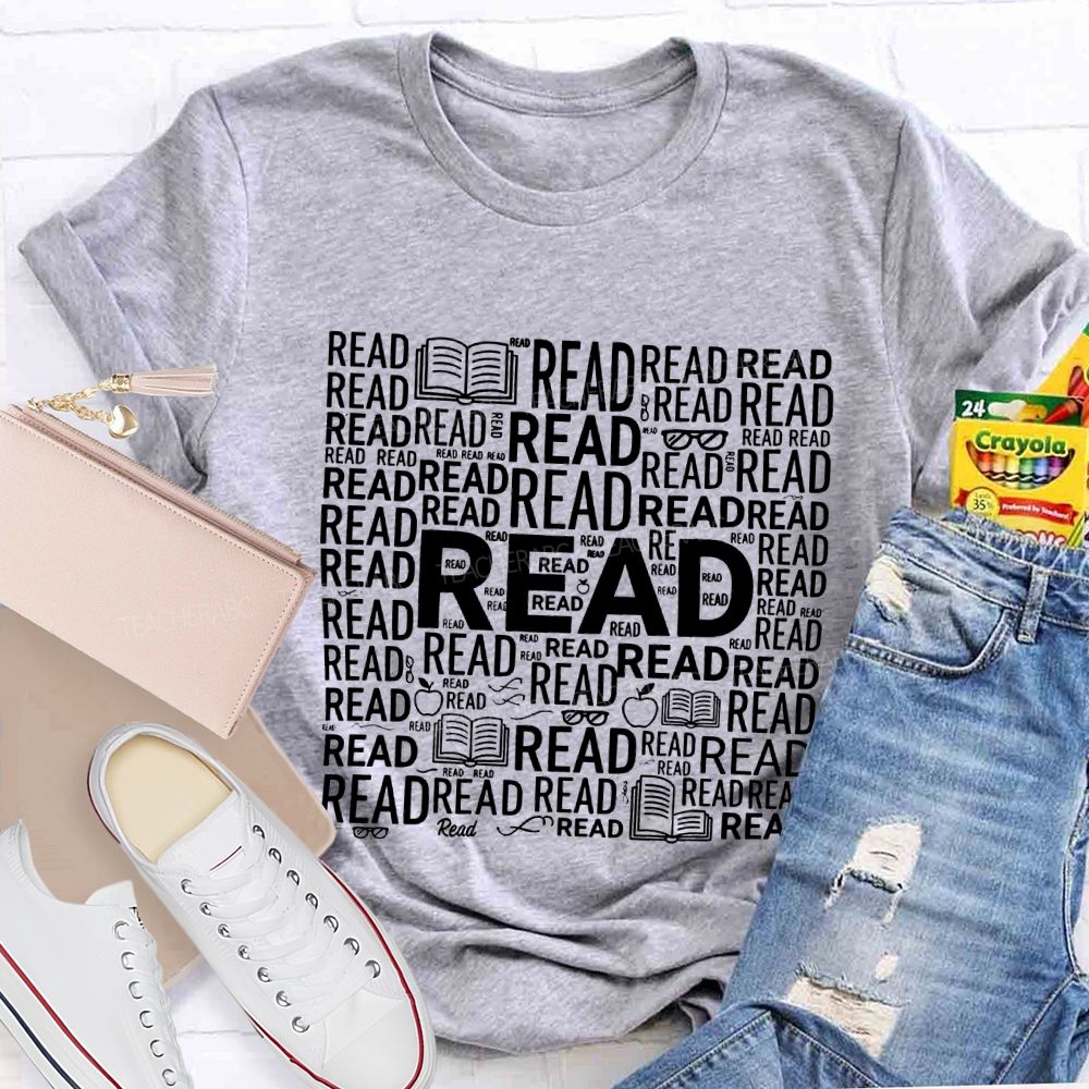 Read In Various Fonts And Apples Print Teacher T-shirt