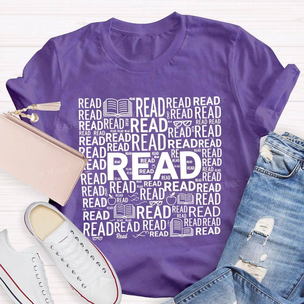 Read In Various Fonts And Apples Print Teacher T-shirt