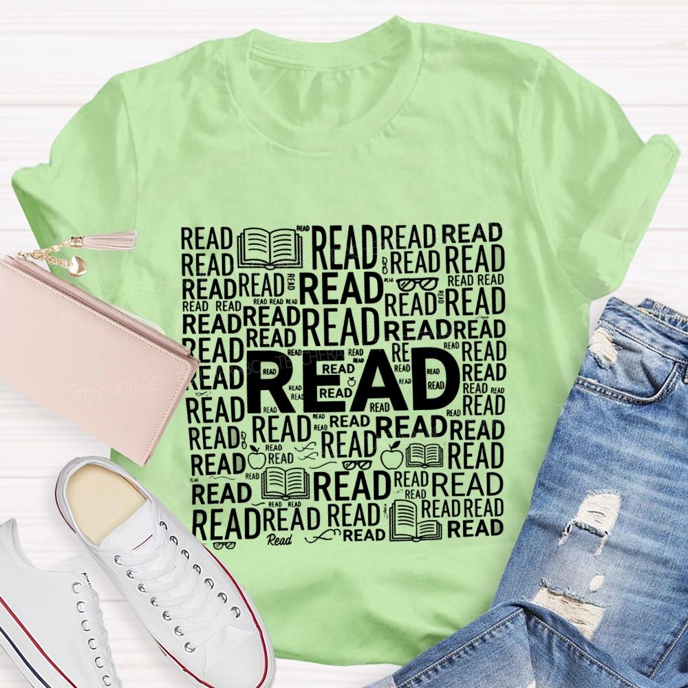 Read In Various Fonts And Apples Print Teacher T-shirt