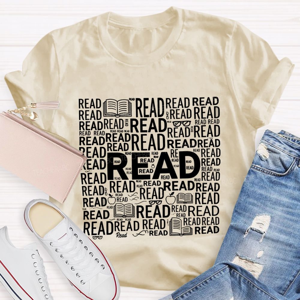 Read In Various Fonts And Apples Print Teacher T-shirt