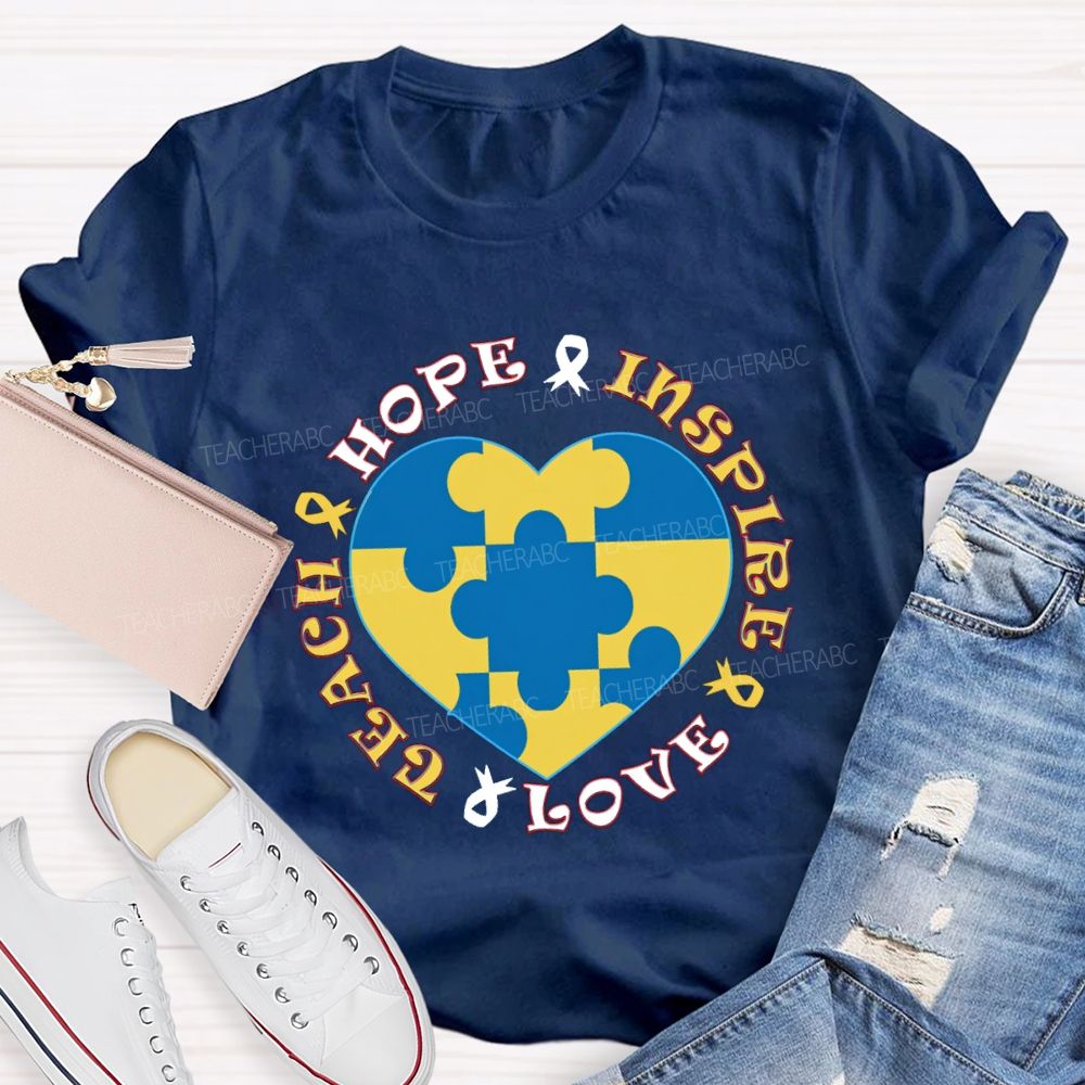 Hope Inspire Love Teach Blue Heart Teacher T-Shirt