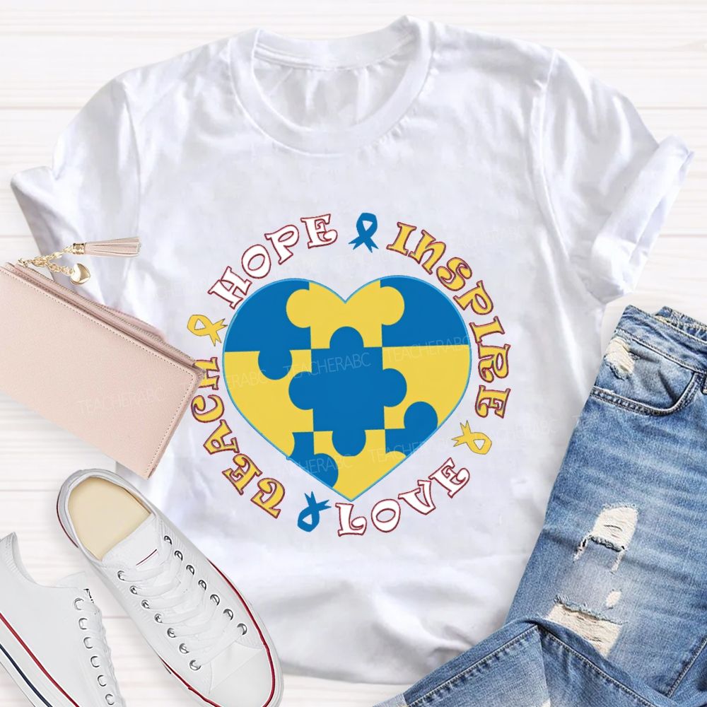 Hope Inspire Love Teach Blue Heart Teacher T-Shirt