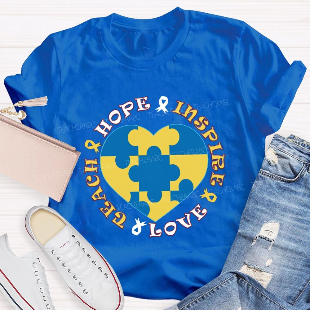 Hope Inspire Love Teach Blue Heart Teacher T-Shirt