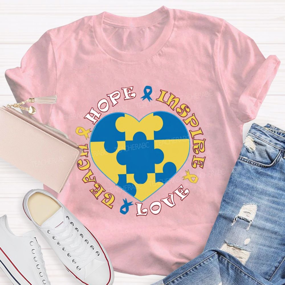 Hope Inspire Love Teach Blue Heart Teacher T-Shirt