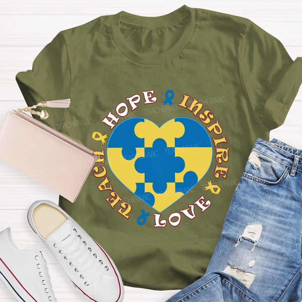 Hope Inspire Love Teach Blue Heart Teacher T-Shirt