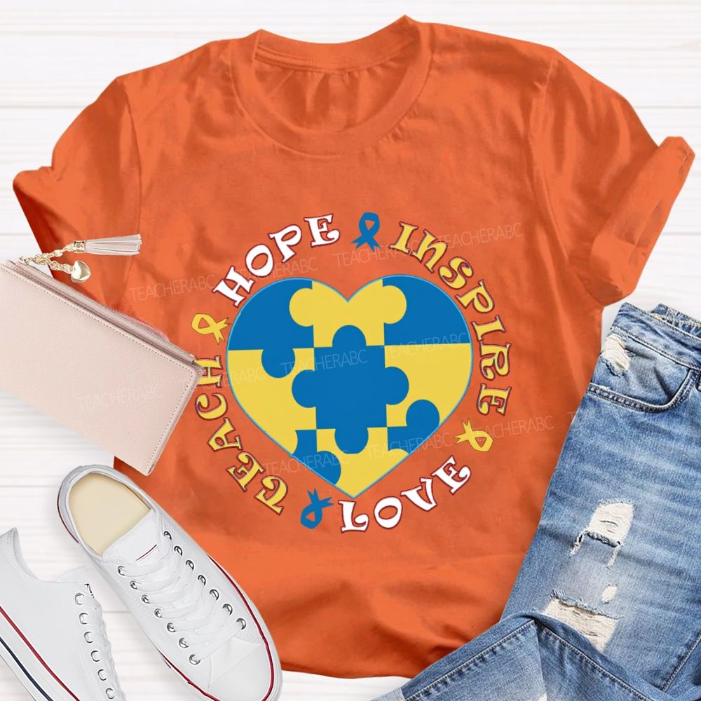 Hope Inspire Love Teach Blue Heart Teacher T-Shirt