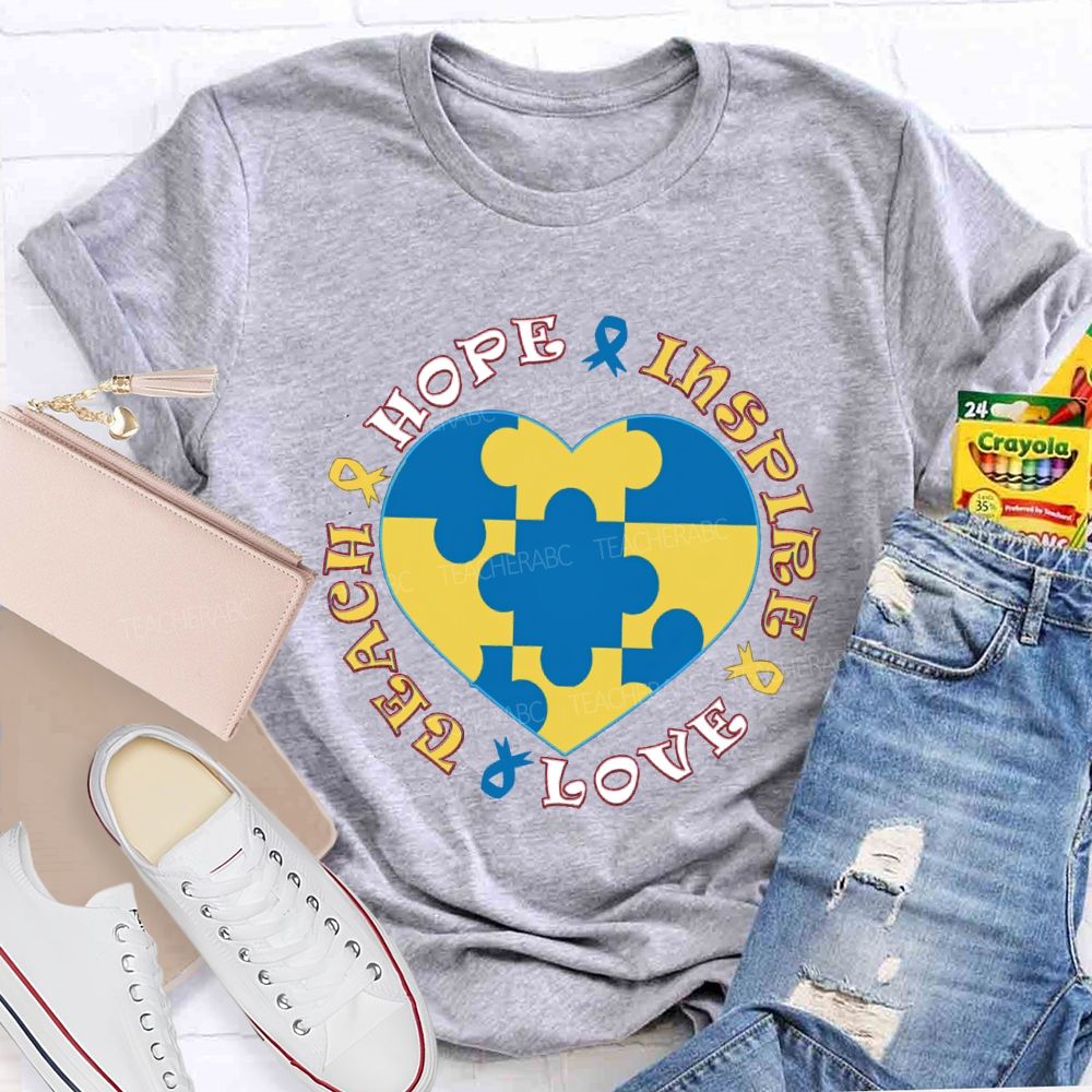 Hope Inspire Love Teach Blue Heart Teacher T-Shirt