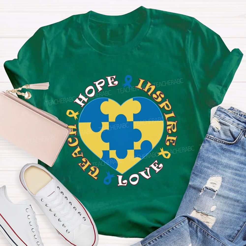 Hope Inspire Love Teach Blue Heart Teacher T-Shirt