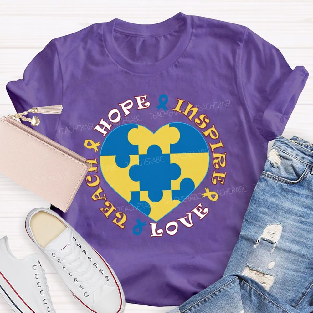 Hope Inspire Love Teach Blue Heart Teacher T-Shirt