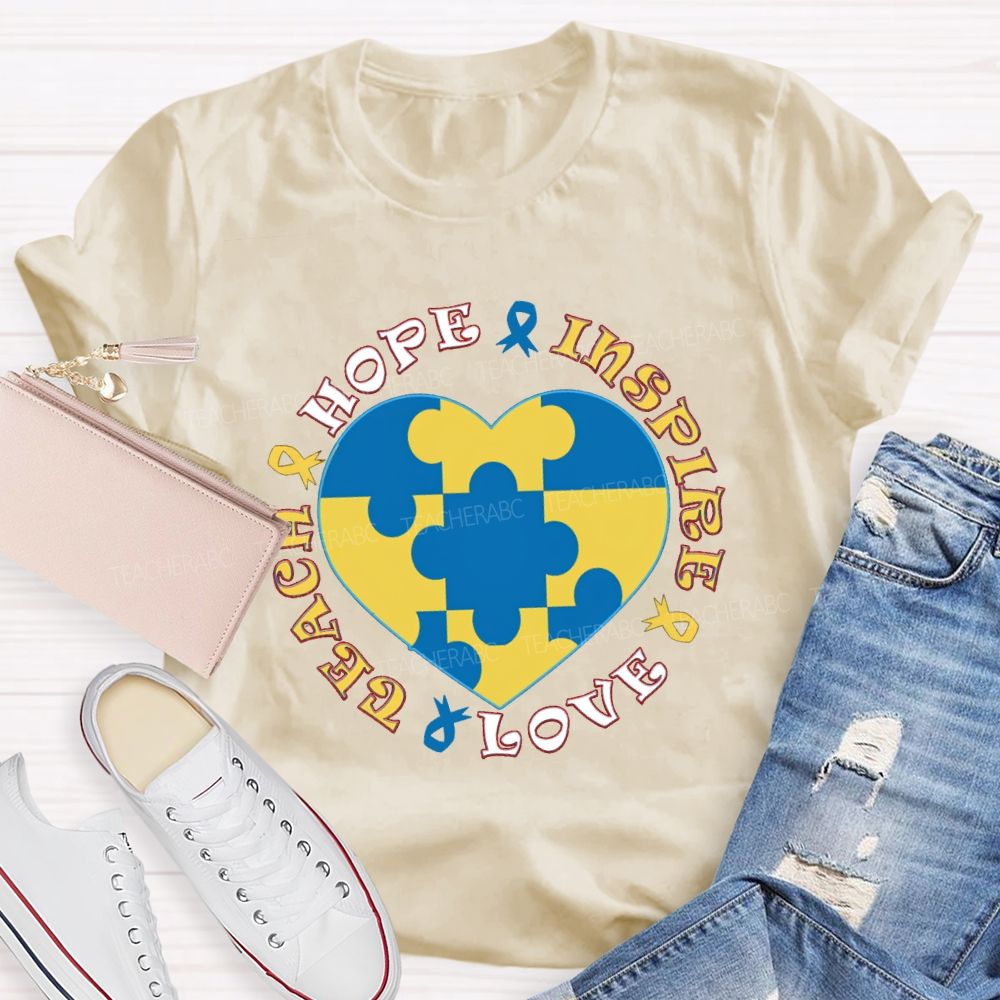 Hope Inspire Love Teach Blue Heart Teacher T-Shirt