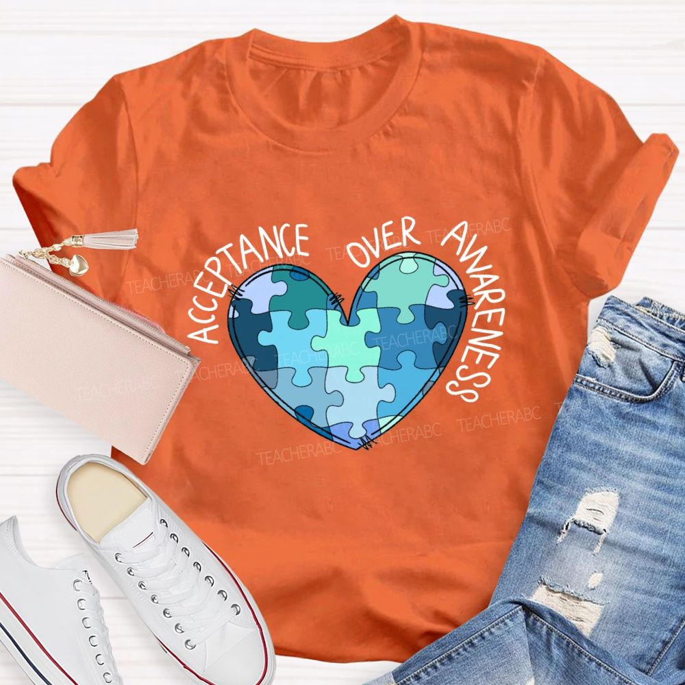Acceptance Over Awareness Blue Heart Teacher T-shirt