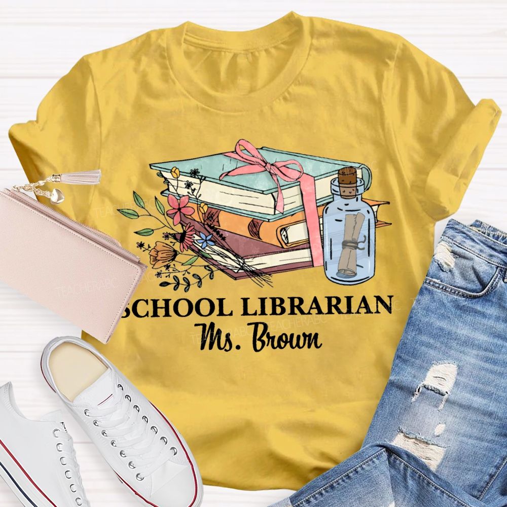Personalized Name School Librarian Flowers And Books T-shirt