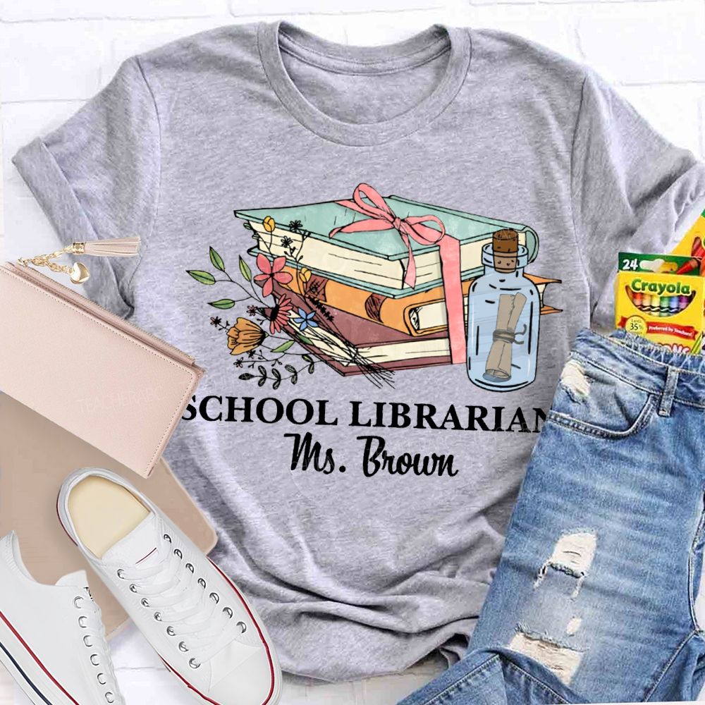 Personalized Name School Librarian Flowers And Books T-shirt