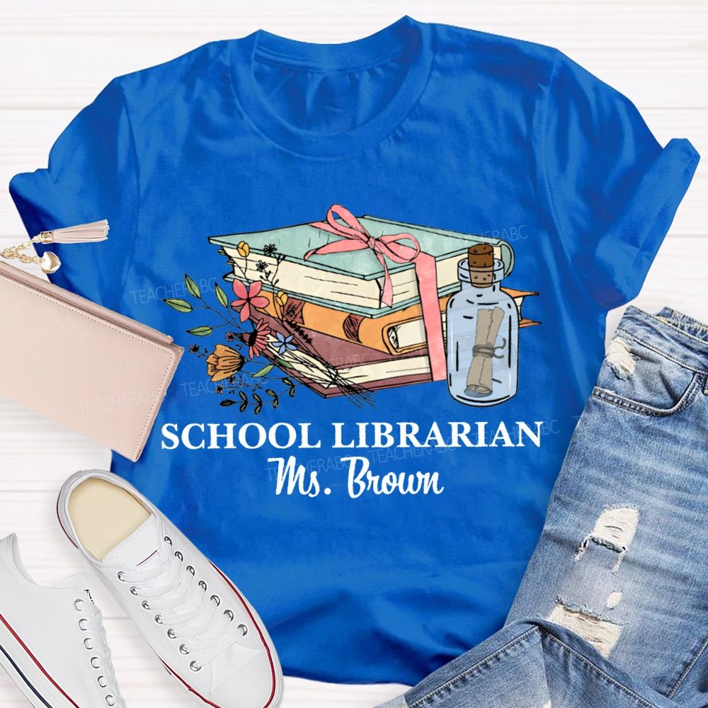 Personalized Name School Librarian Flowers And Books T-shirt