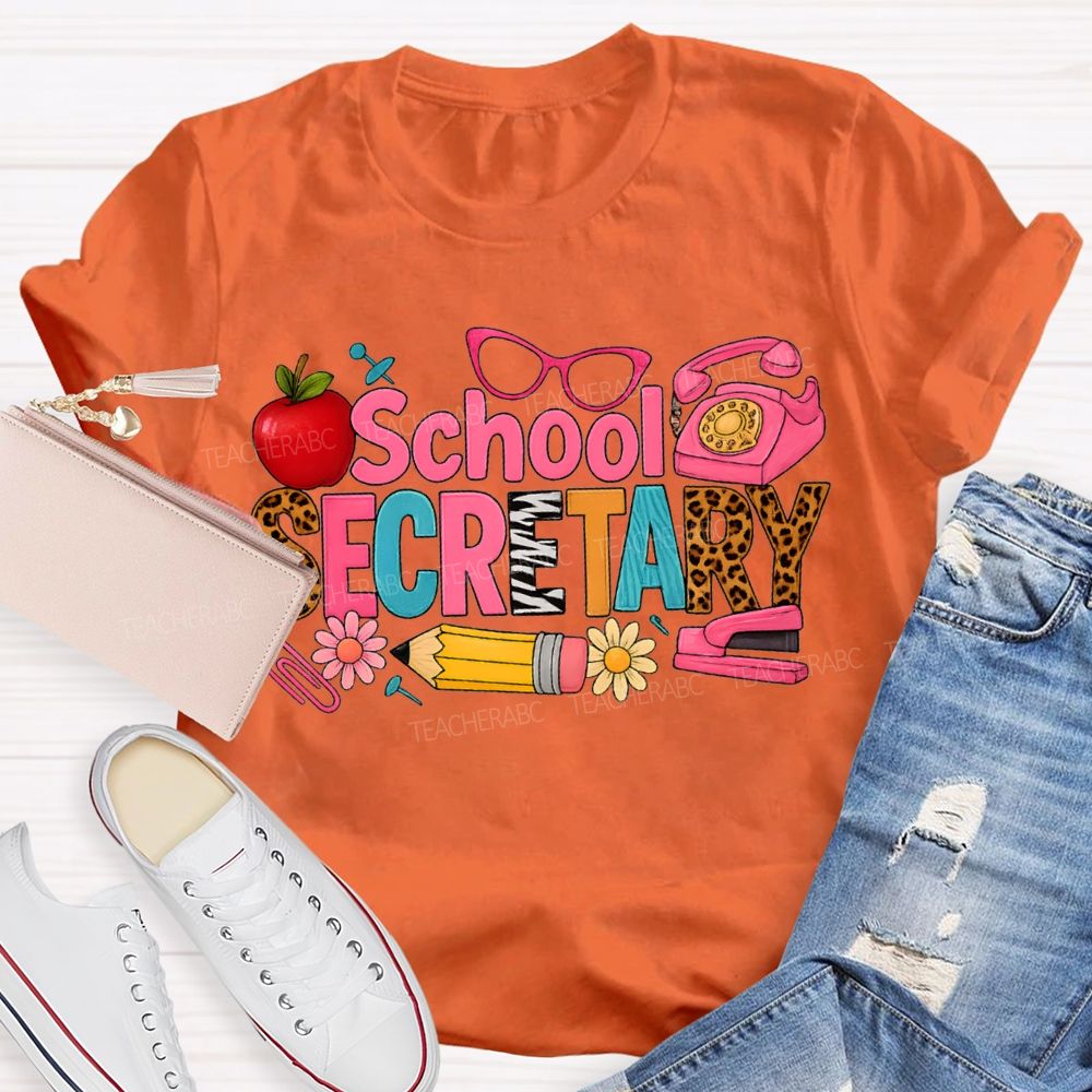 School Secretary Apple Pencil And Colored Fonts T-shirt