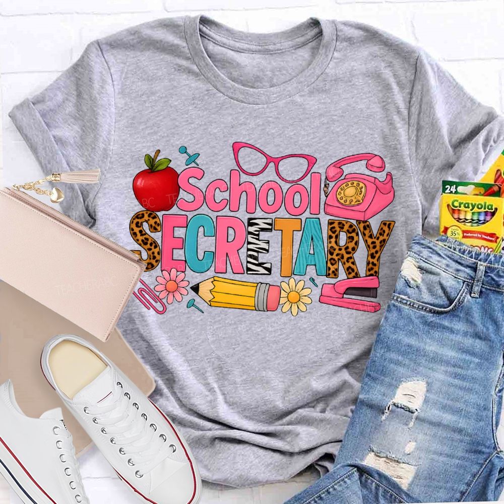 School Secretary Apple Pencil And Colored Fonts T-shirt