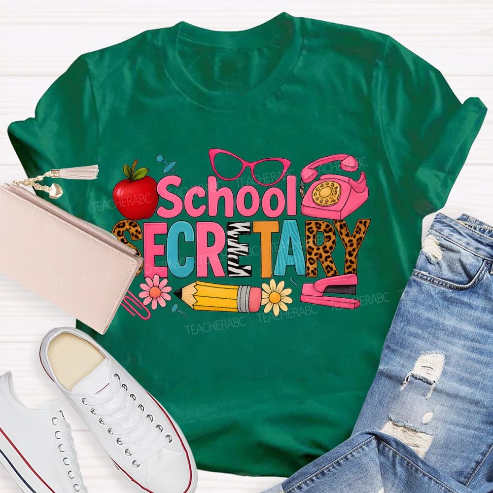 School Secretary Apple Pencil And Colored Fonts T-shirt