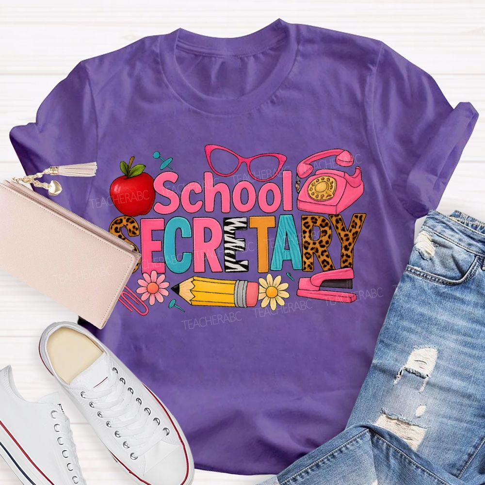 School Secretary Apple Pencil And Colored Fonts T-shirt