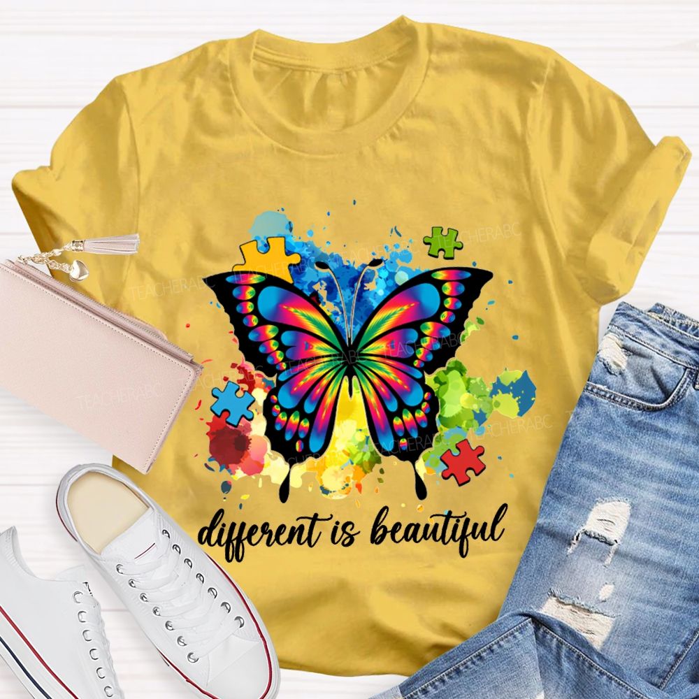 Different Is Beautiful Butterflies And Colorful Tie-Dye Prints Teacher T-shirt