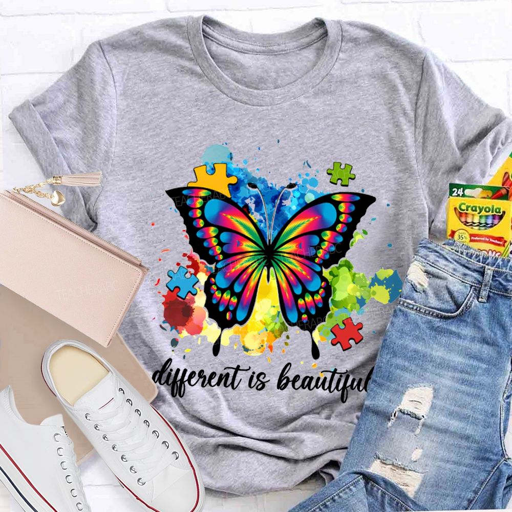 Different Is Beautiful Butterflies And Colorful Tie-Dye Prints Teacher T-shirt