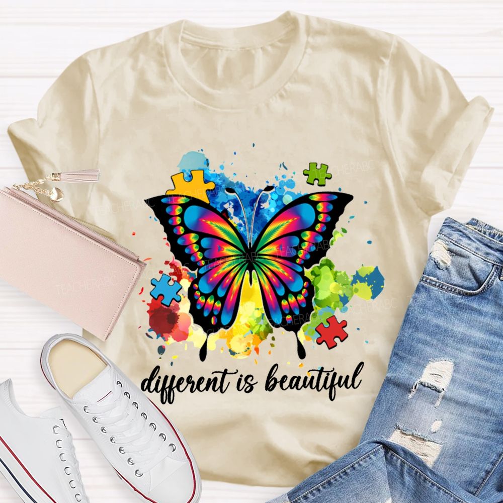 Different Is Beautiful Butterflies And Colorful Tie-Dye Prints Teacher T-shirt