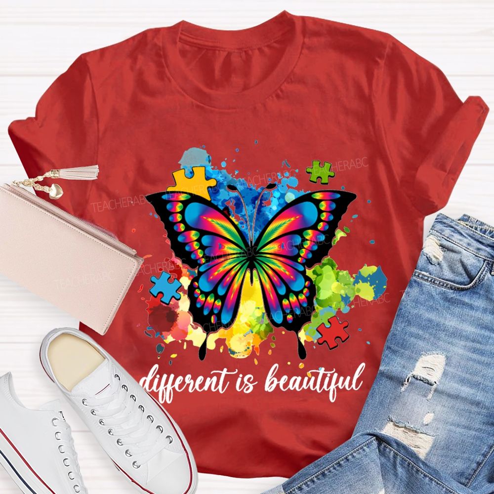 Different Is Beautiful Butterflies And Colorful Tie-Dye Prints Teacher T-shirt