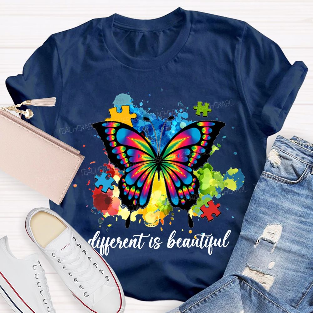 Different Is Beautiful Butterflies And Colorful Tie-Dye Prints Teacher T-shirt