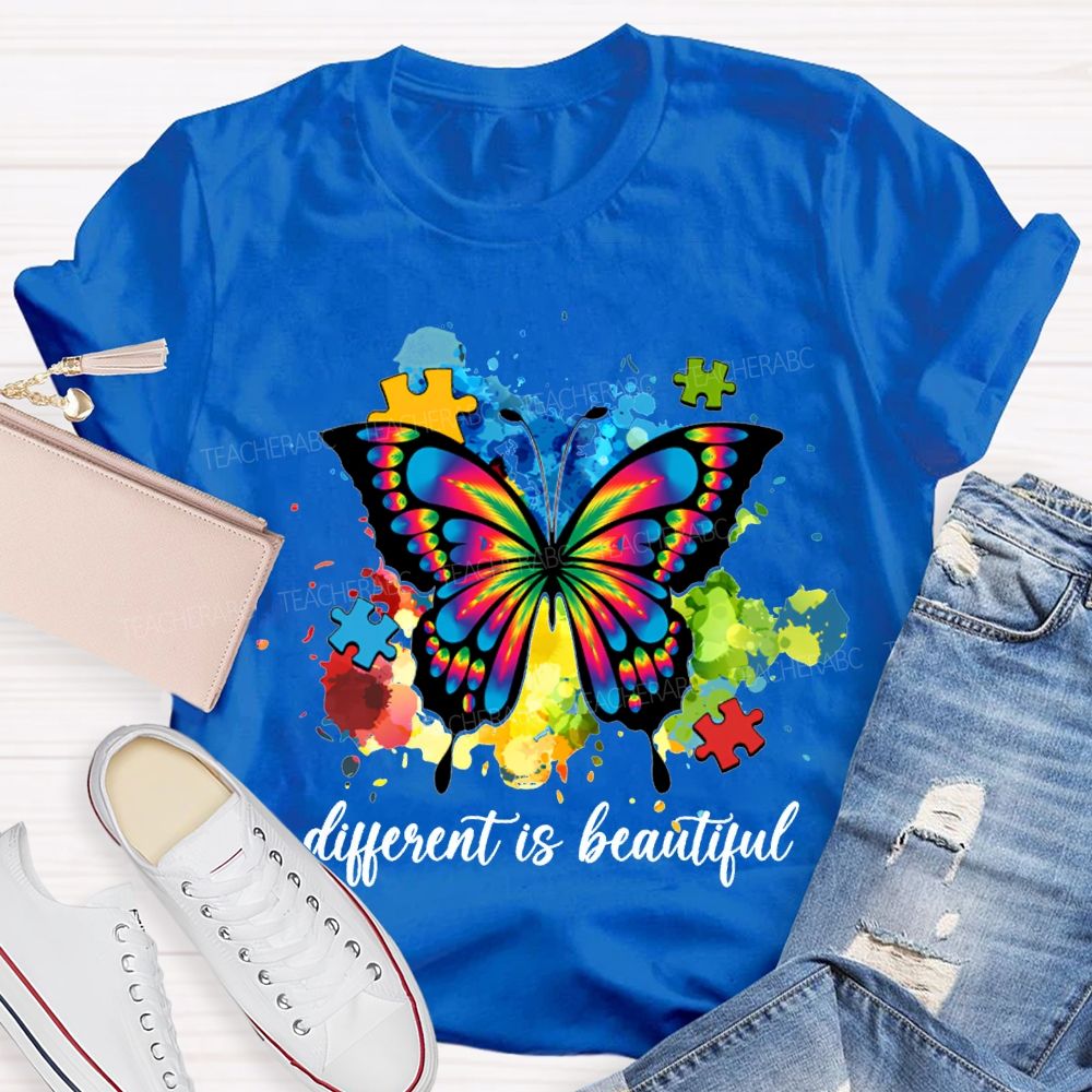 Different Is Beautiful Butterflies And Colorful Tie-Dye Prints Teacher T-shirt