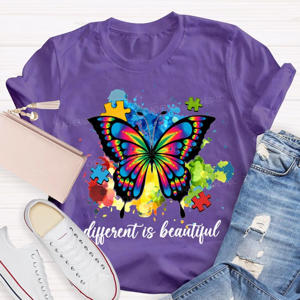 Different Is Beautiful Butterflies And Colorful Tie-Dye Prints Teacher T-shirt