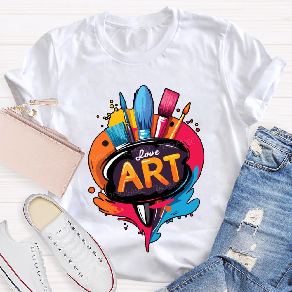 Love Art Color Palette And Paintbrushes Teacher T-shirt