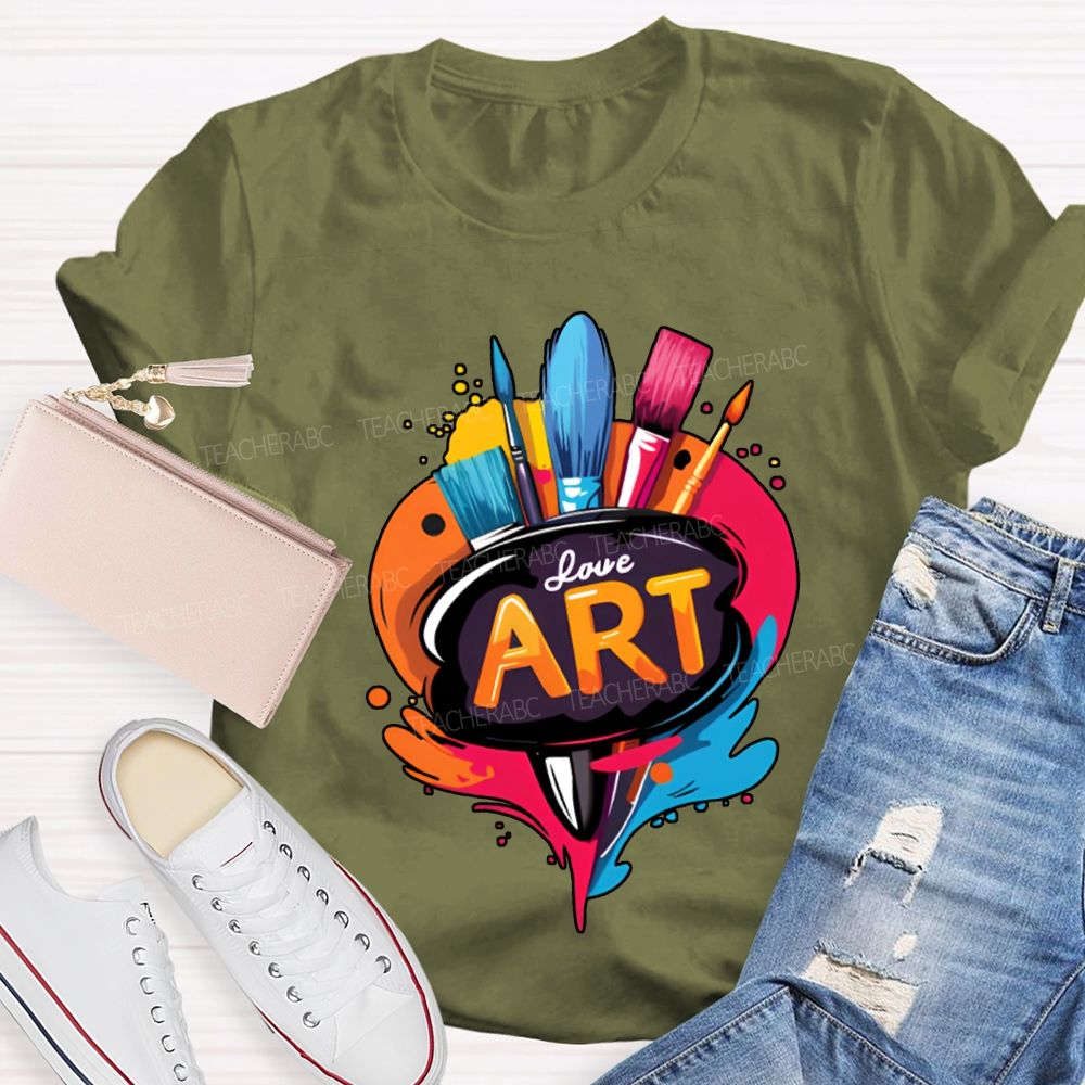 Love Art Color Palette And Paintbrushes Teacher T-shirt