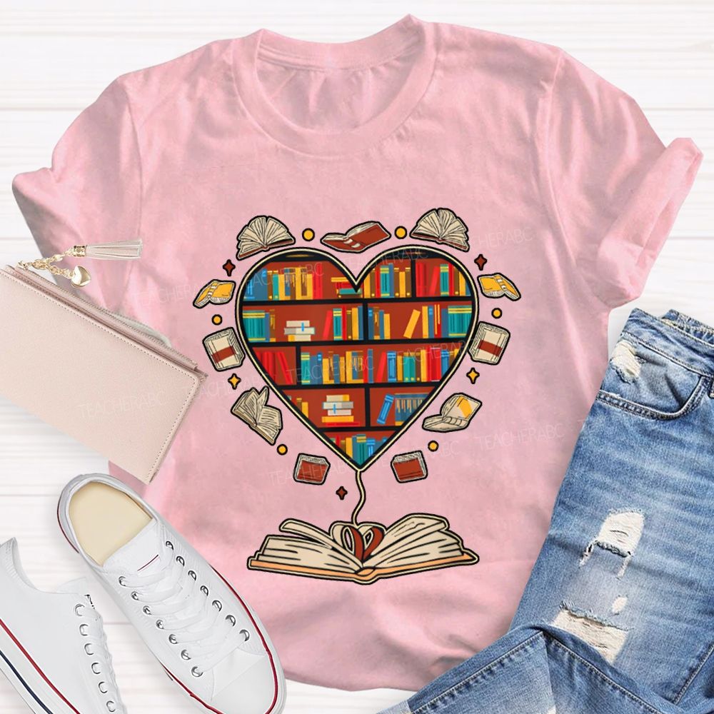 School Librarian Heart-Shaped Bookshelf T-shirt