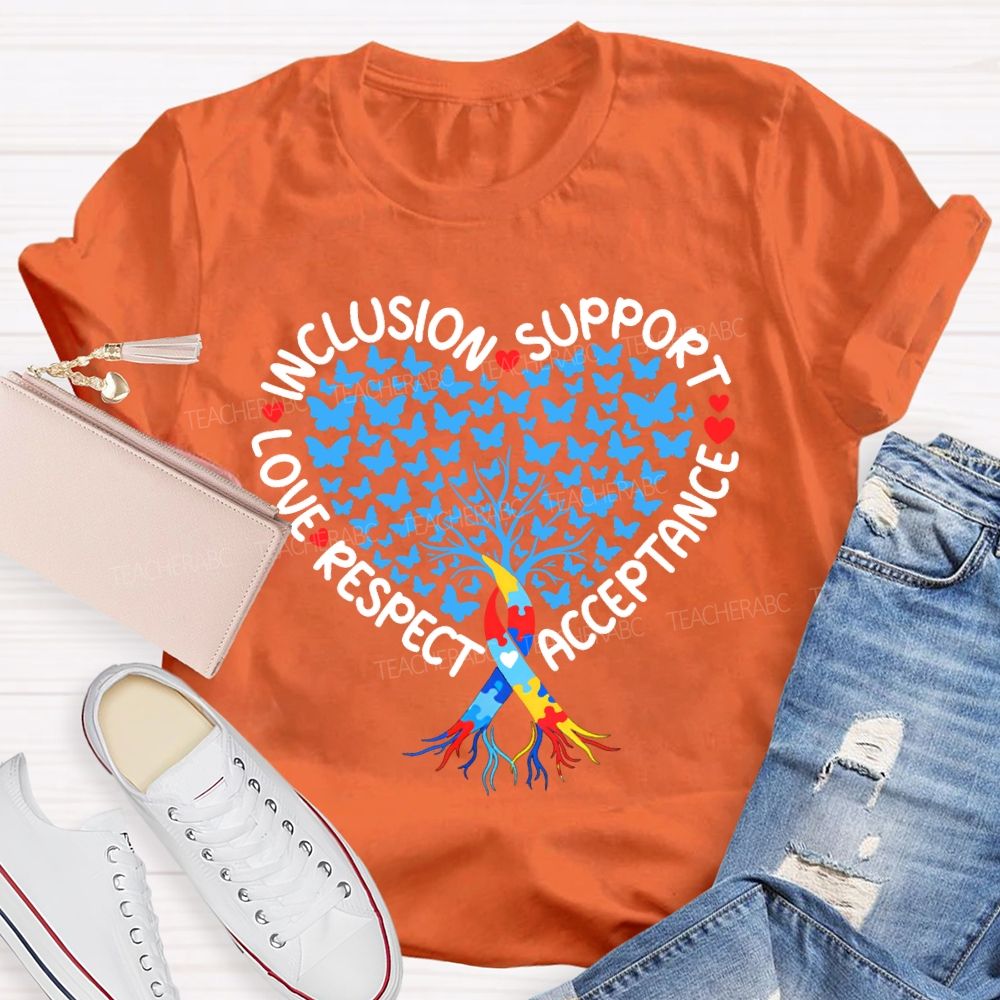 Respect Love Inclusion Support Acceptance Blue Butterfly Print Teacher T-shirt