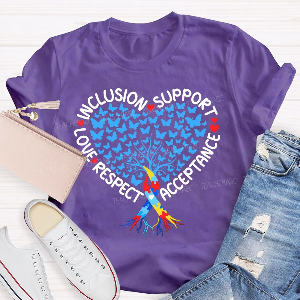 Respect Love Inclusion Support Acceptance Blue Butterfly Print Teacher T-shirt