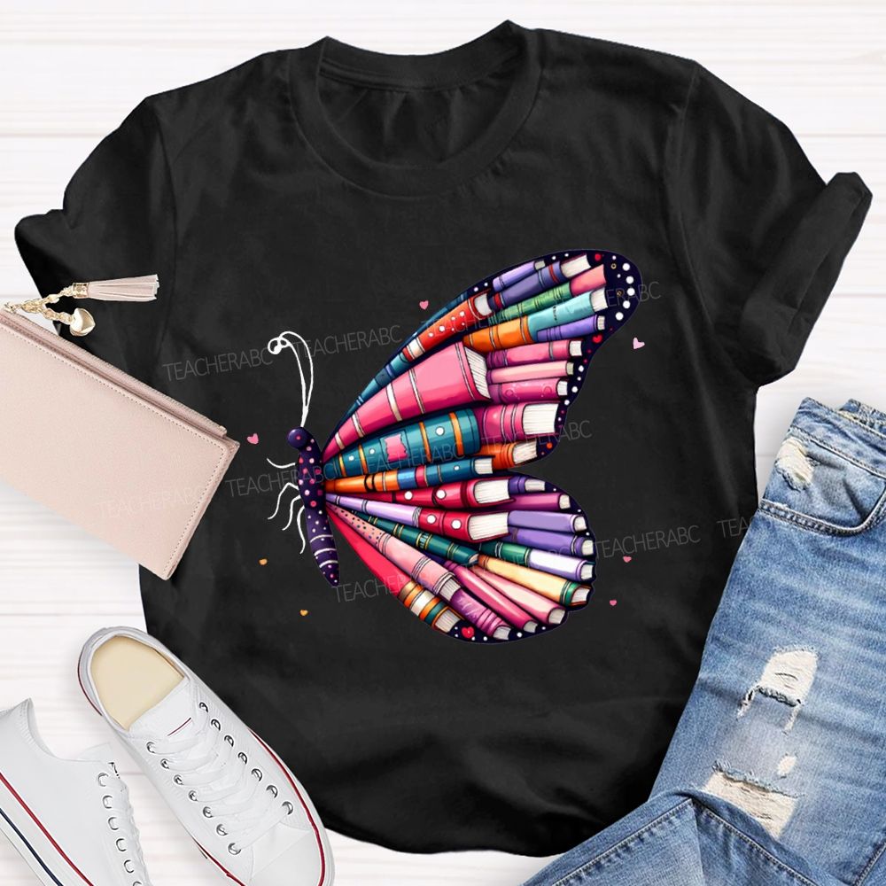 School Librarian Colorful Book Butterfly T-shirt