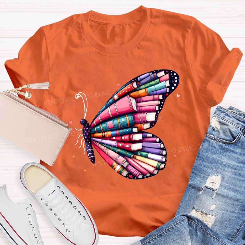 School Librarian Colorful Book Butterfly T-shirt