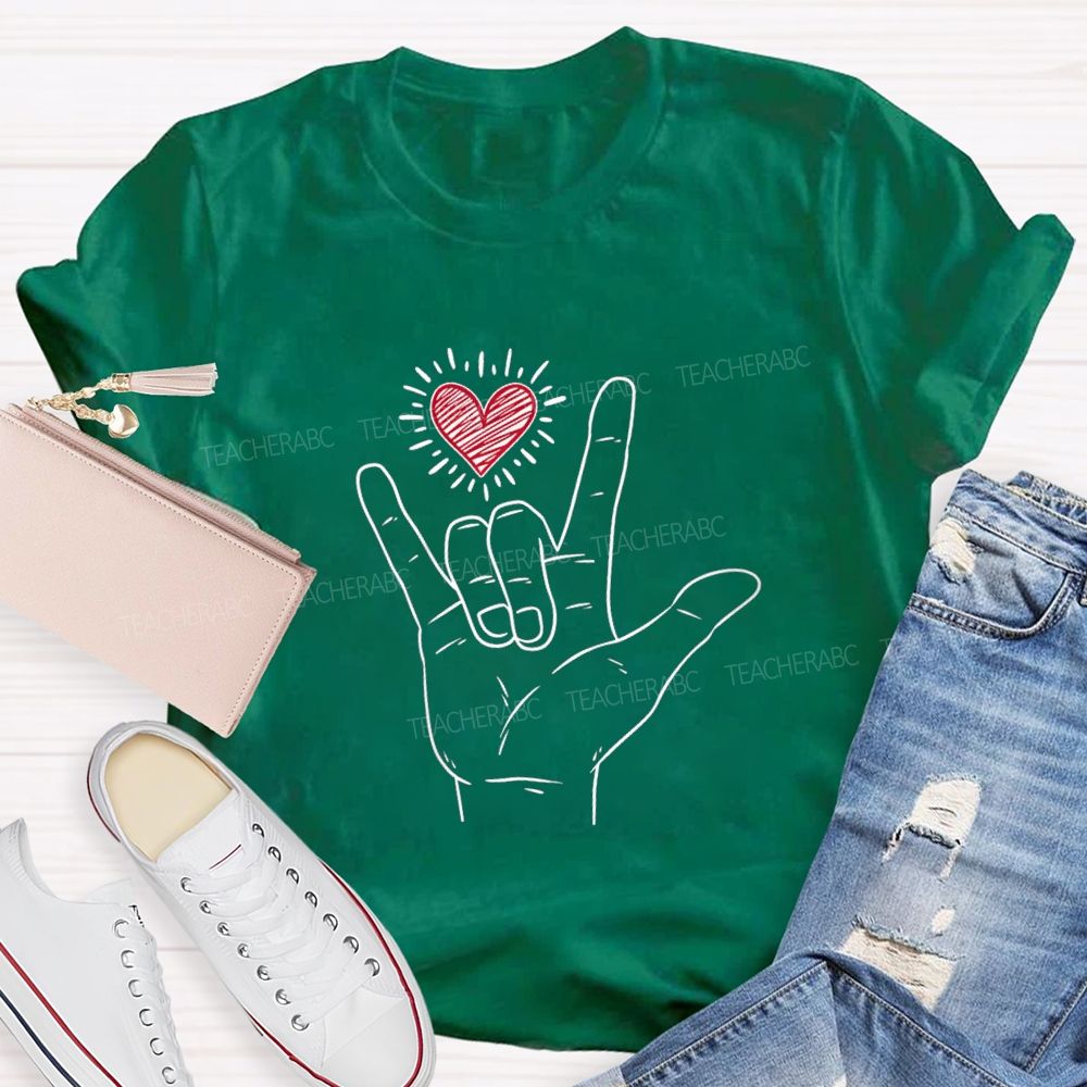 Sign Language Love Needs No Words Red Heart Teacher T-shirt