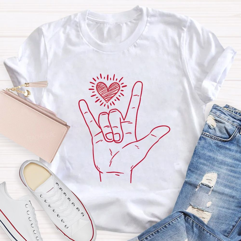 Sign Language Love Needs No Words Red Heart Teacher T-shirt