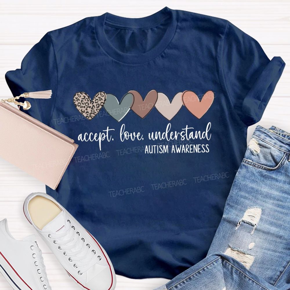 Accept Love Understand Autism Awareness Leopard Heart Teacher T-Shirt